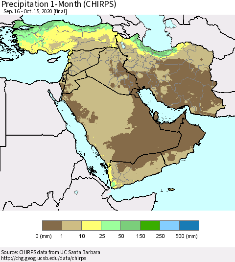 Middle East and Turkey Precipitation 1-Month (CHIRPS) Thematic Map For 9/16/2020 - 10/15/2020