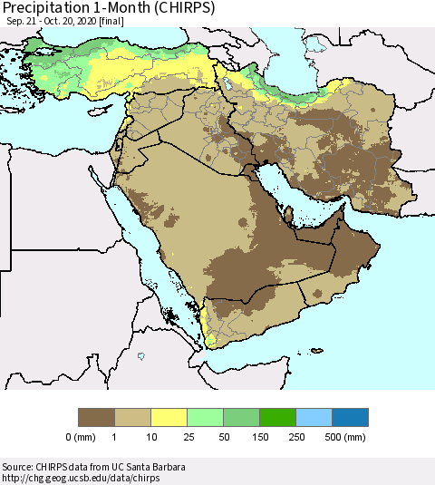Middle East and Turkey Precipitation 1-Month (CHIRPS) Thematic Map For 9/21/2020 - 10/20/2020