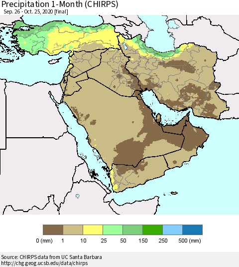 Middle East and Turkey Precipitation 1-Month (CHIRPS) Thematic Map For 9/26/2020 - 10/25/2020
