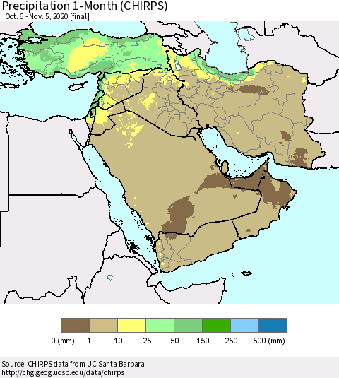 Middle East and Turkey Precipitation 1-Month (CHIRPS) Thematic Map For 10/6/2020 - 11/5/2020