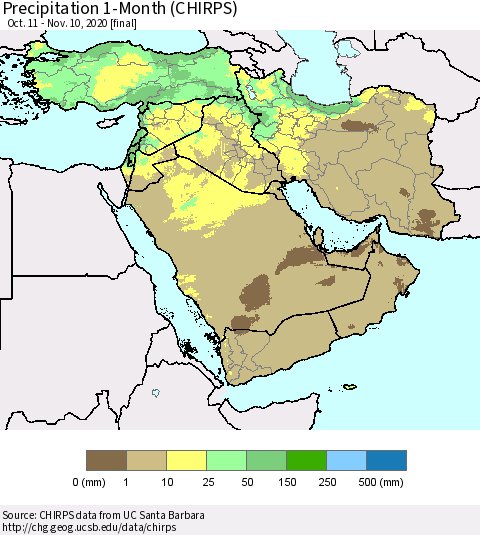 Middle East and Turkey Precipitation 1-Month (CHIRPS) Thematic Map For 10/11/2020 - 11/10/2020