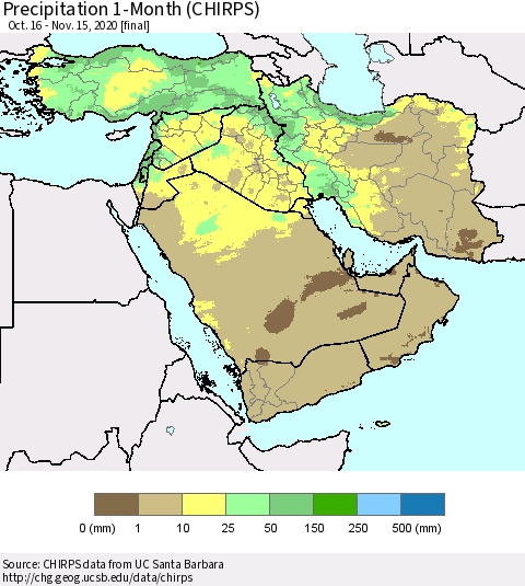 Middle East and Turkey Precipitation 1-Month (CHIRPS) Thematic Map For 10/16/2020 - 11/15/2020