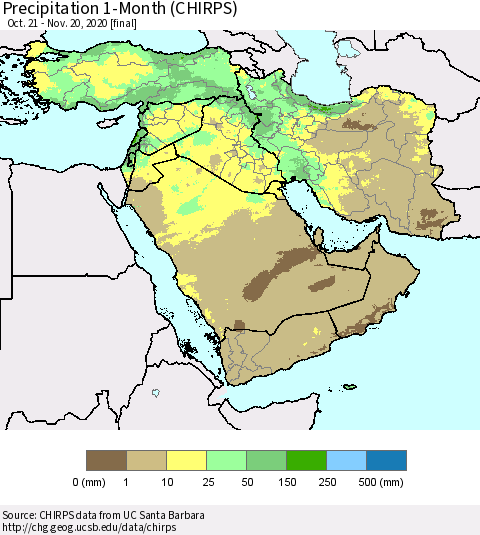 Middle East and Turkey Precipitation 1-Month (CHIRPS) Thematic Map For 10/21/2020 - 11/20/2020