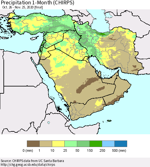 Middle East and Turkey Precipitation 1-Month (CHIRPS) Thematic Map For 10/26/2020 - 11/25/2020