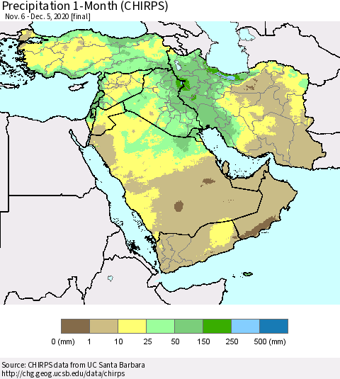 Middle East and Turkey Precipitation 1-Month (CHIRPS) Thematic Map For 11/6/2020 - 12/5/2020