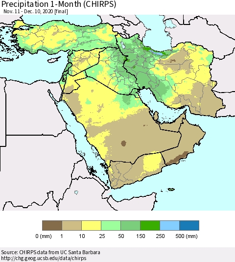 Middle East and Turkey Precipitation 1-Month (CHIRPS) Thematic Map For 11/11/2020 - 12/10/2020
