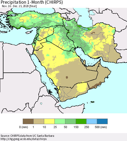 Middle East and Turkey Precipitation 1-Month (CHIRPS) Thematic Map For 11/16/2020 - 12/15/2020