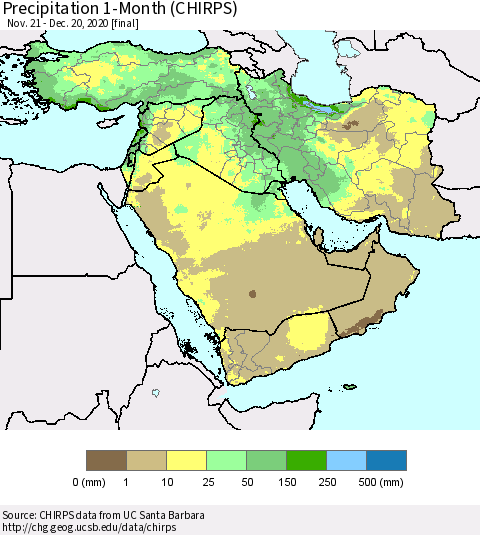 Middle East and Turkey Precipitation 1-Month (CHIRPS) Thematic Map For 11/21/2020 - 12/20/2020