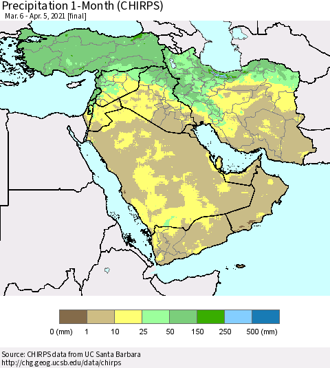 Middle East and Turkey Precipitation 1-Month (CHIRPS) Thematic Map For 3/6/2021 - 4/5/2021