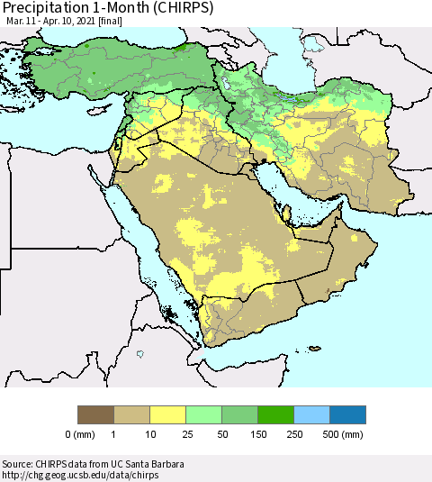 Middle East and Turkey Precipitation 1-Month (CHIRPS) Thematic Map For 3/11/2021 - 4/10/2021