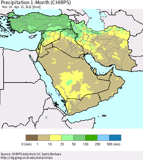 Middle East and Turkey Precipitation 1-Month (CHIRPS) Thematic Map For 3/16/2021 - 4/15/2021