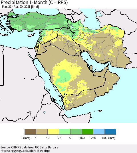 Middle East and Turkey Precipitation 1-Month (CHIRPS) Thematic Map For 3/21/2021 - 4/20/2021