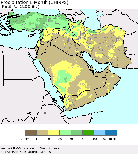 Middle East and Turkey Precipitation 1-Month (CHIRPS) Thematic Map For 3/26/2021 - 4/25/2021