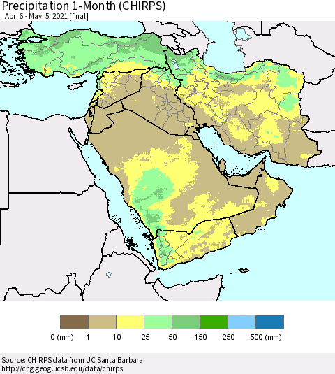 Middle East and Turkey Precipitation 1-Month (CHIRPS) Thematic Map For 4/6/2021 - 5/5/2021