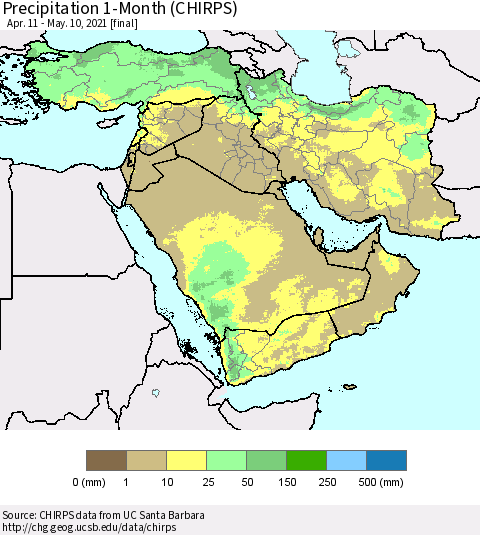 Middle East and Turkey Precipitation 1-Month (CHIRPS) Thematic Map For 4/11/2021 - 5/10/2021