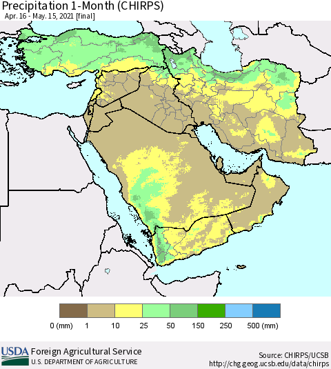 Middle East and Turkey Precipitation 1-Month (CHIRPS) Thematic Map For 4/16/2021 - 5/15/2021