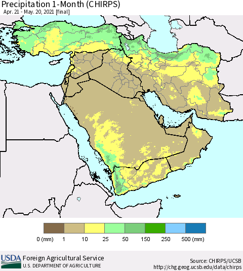 Middle East and Turkey Precipitation 1-Month (CHIRPS) Thematic Map For 4/21/2021 - 5/20/2021