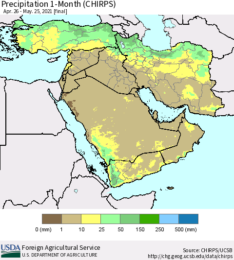 Middle East and Turkey Precipitation 1-Month (CHIRPS) Thematic Map For 4/26/2021 - 5/25/2021