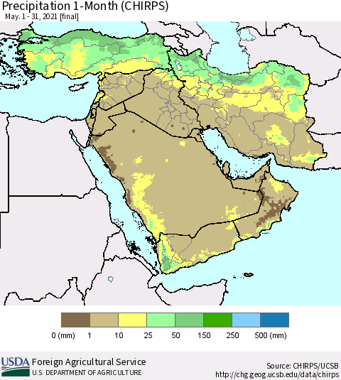 Middle East and Turkey Precipitation 1-Month (CHIRPS) Thematic Map For 5/1/2021 - 5/31/2021