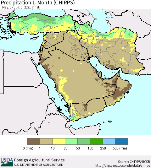 Middle East and Turkey Precipitation 1-Month (CHIRPS) Thematic Map For 5/6/2021 - 6/5/2021