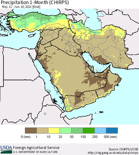 Middle East and Turkey Precipitation 1-Month (CHIRPS) Thematic Map For 5/11/2021 - 6/10/2021
