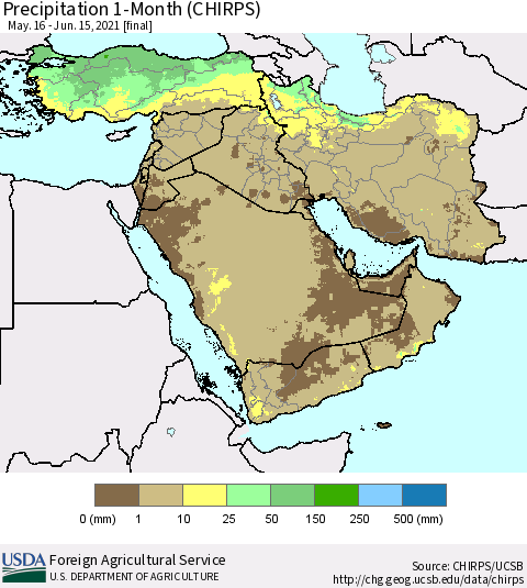 Middle East and Turkey Precipitation 1-Month (CHIRPS) Thematic Map For 5/16/2021 - 6/15/2021