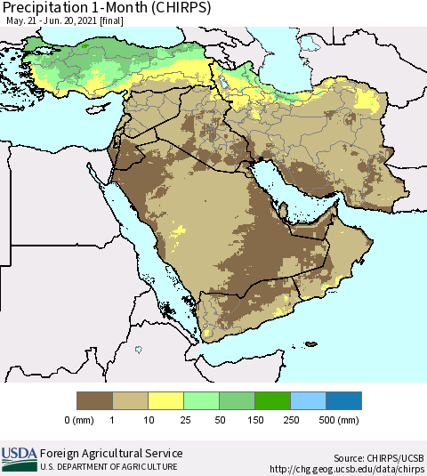 Middle East and Turkey Precipitation 1-Month (CHIRPS) Thematic Map For 5/21/2021 - 6/20/2021