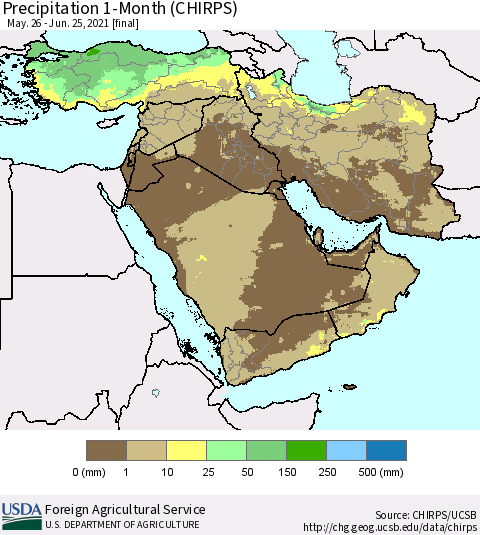 Middle East and Turkey Precipitation 1-Month (CHIRPS) Thematic Map For 5/26/2021 - 6/25/2021