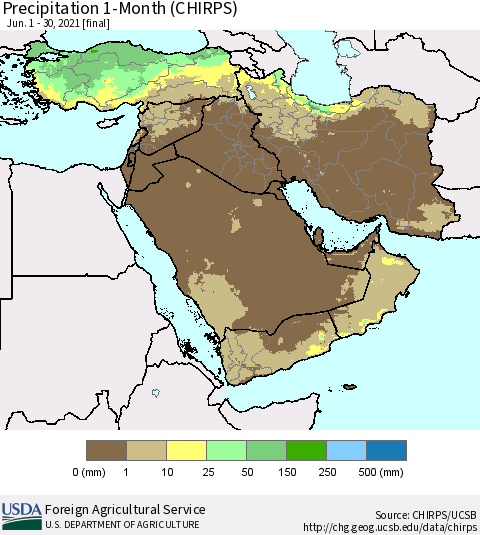 Middle East and Turkey Precipitation 1-Month (CHIRPS) Thematic Map For 6/1/2021 - 6/30/2021