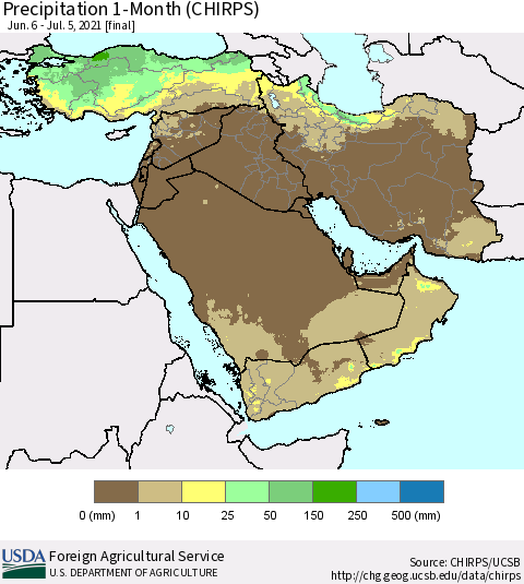 Middle East and Turkey Precipitation 1-Month (CHIRPS) Thematic Map For 6/6/2021 - 7/5/2021
