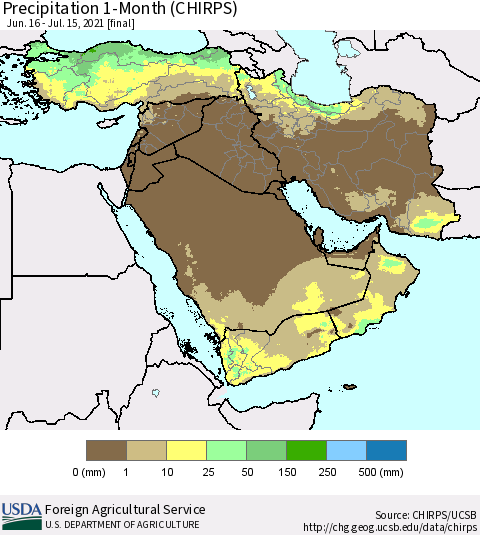 Middle East and Turkey Precipitation 1-Month (CHIRPS) Thematic Map For 6/16/2021 - 7/15/2021