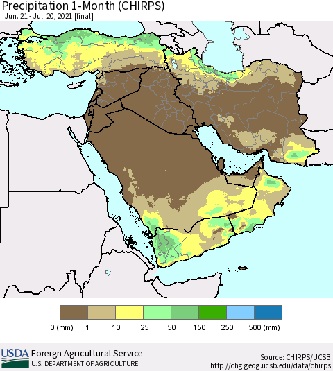 Middle East and Turkey Precipitation 1-Month (CHIRPS) Thematic Map For 6/21/2021 - 7/20/2021