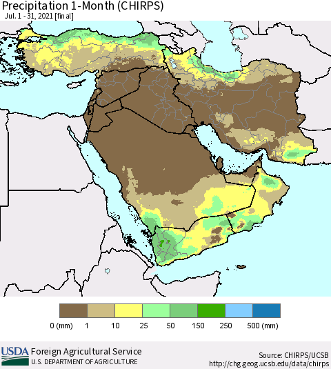 Middle East and Turkey Precipitation 1-Month (CHIRPS) Thematic Map For 7/1/2021 - 7/31/2021