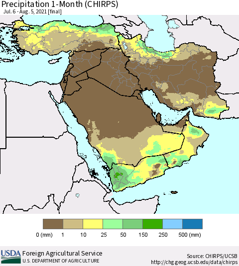 Middle East and Turkey Precipitation 1-Month (CHIRPS) Thematic Map For 7/6/2021 - 8/5/2021
