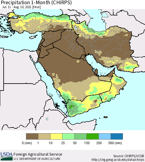 Middle East and Turkey Precipitation 1-Month (CHIRPS) Thematic Map For 7/11/2021 - 8/10/2021
