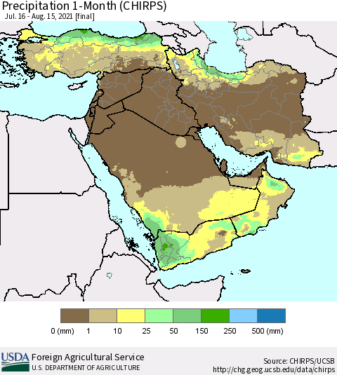 Middle East and Turkey Precipitation 1-Month (CHIRPS) Thematic Map For 7/16/2021 - 8/15/2021