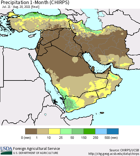 Middle East and Turkey Precipitation 1-Month (CHIRPS) Thematic Map For 7/21/2021 - 8/20/2021
