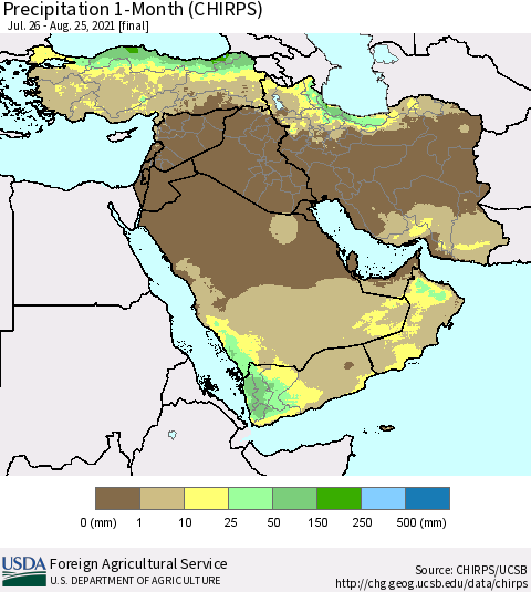 Middle East and Turkey Precipitation 1-Month (CHIRPS) Thematic Map For 7/26/2021 - 8/25/2021