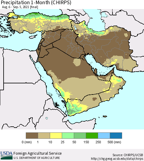Middle East and Turkey Precipitation 1-Month (CHIRPS) Thematic Map For 8/6/2021 - 9/5/2021