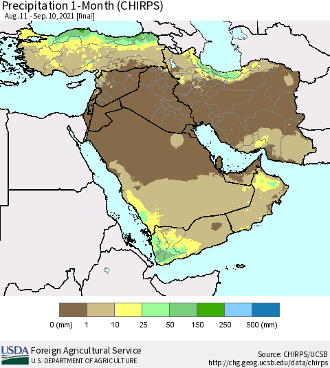 Middle East and Turkey Precipitation 1-Month (CHIRPS) Thematic Map For 8/11/2021 - 9/10/2021