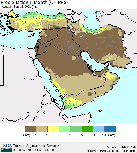 Middle East and Turkey Precipitation 1-Month (CHIRPS) Thematic Map For 8/16/2021 - 9/15/2021