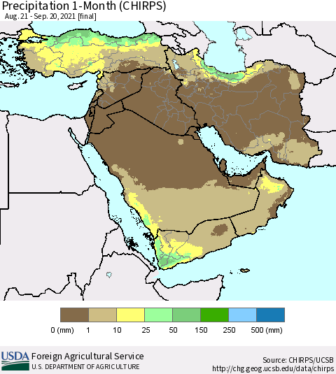 Middle East and Turkey Precipitation 1-Month (CHIRPS) Thematic Map For 8/21/2021 - 9/20/2021
