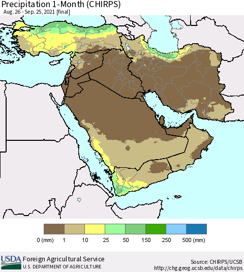 Middle East and Turkey Precipitation 1-Month (CHIRPS) Thematic Map For 8/26/2021 - 9/25/2021
