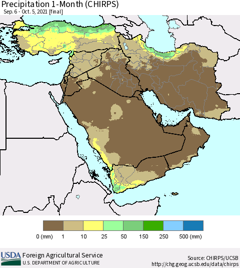 Middle East and Turkey Precipitation 1-Month (CHIRPS) Thematic Map For 9/6/2021 - 10/5/2021