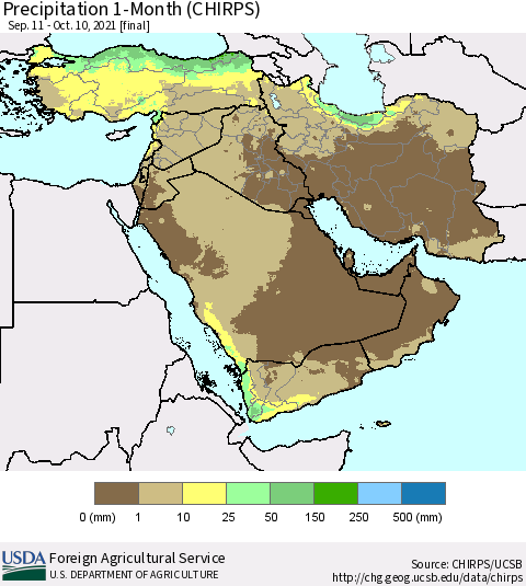Middle East and Turkey Precipitation 1-Month (CHIRPS) Thematic Map For 9/11/2021 - 10/10/2021