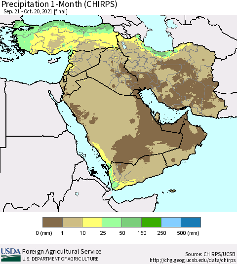 Middle East and Turkey Precipitation 1-Month (CHIRPS) Thematic Map For 9/21/2021 - 10/20/2021