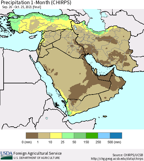 Middle East and Turkey Precipitation 1-Month (CHIRPS) Thematic Map For 9/26/2021 - 10/25/2021