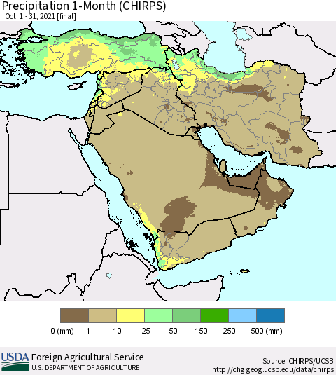 Middle East and Turkey Precipitation 1-Month (CHIRPS) Thematic Map For 10/1/2021 - 10/31/2021