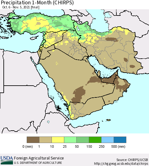 Middle East and Turkey Precipitation 1-Month (CHIRPS) Thematic Map For 10/6/2021 - 11/5/2021