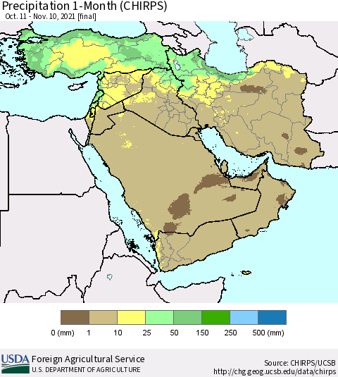 Middle East and Turkey Precipitation 1-Month (CHIRPS) Thematic Map For 10/11/2021 - 11/10/2021